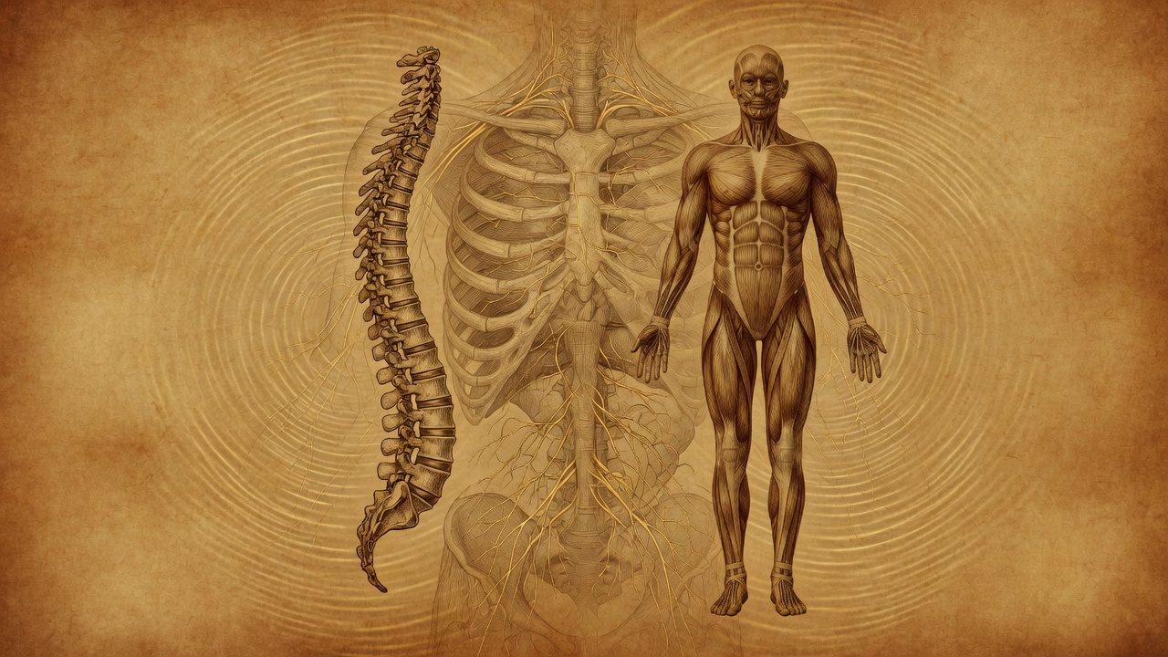 Anatomical plate of the spine and muscular system &mdash; the structure behind back, neck and shoulder pain